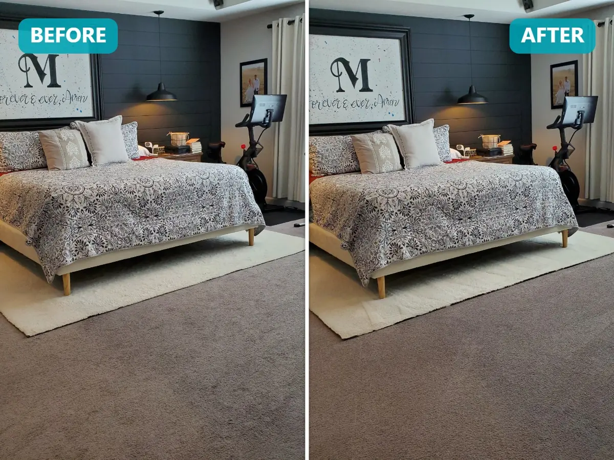Before and after carpet cleaning in Lenexa, KS — heavily soiled gray carpet restored to like-new