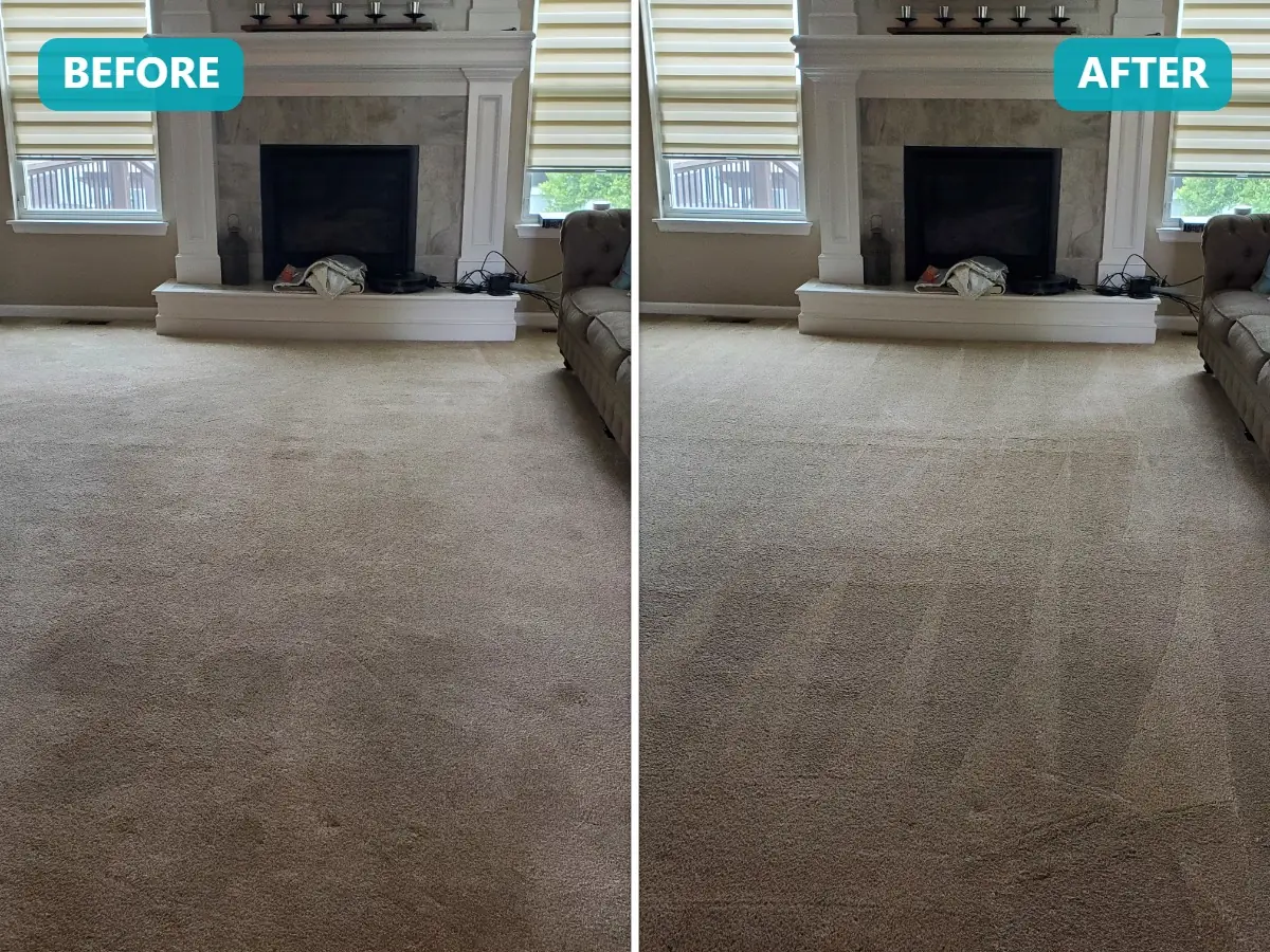 Carpet steam cleaning before and after in Lee's Summit, MO — high-traffic room flushed clean
