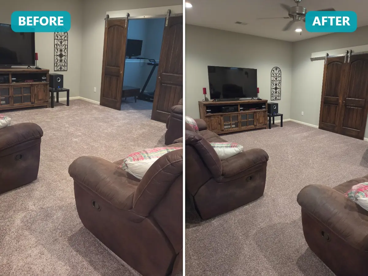 Water extraction before and after in Lake Lotawana, MO — flooded carpet extracted, dried, and saved